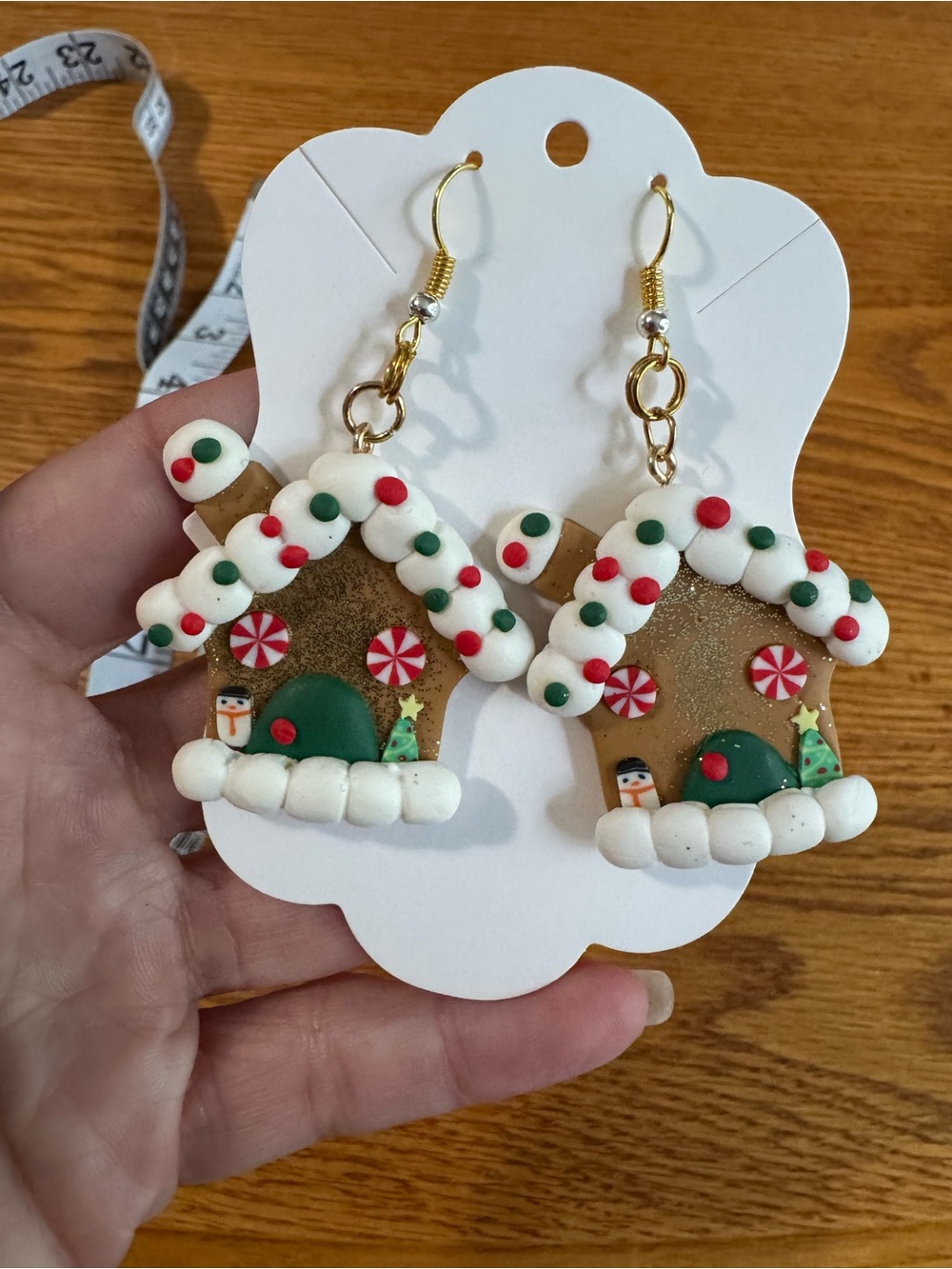 Holiday Gingerbread House Dangle Earrings - White, Red & Green